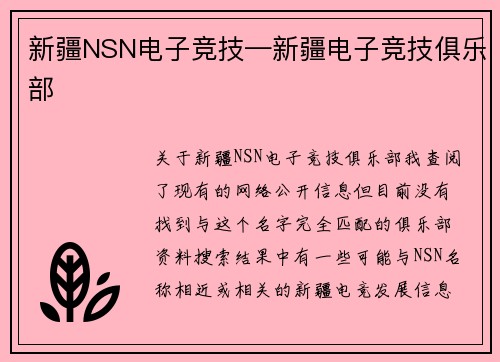 新疆NSN电子竞技—新疆电子竞技俱乐部